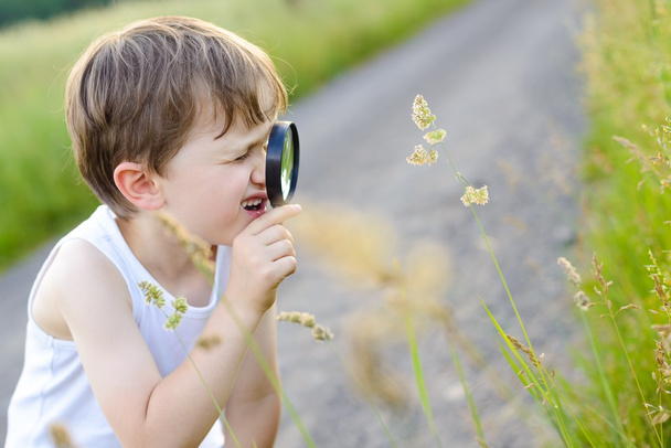 little boy looking at plant through a magnifying glass - Photo, Image