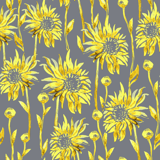 Seamless pattern with Yellow Illuminating watercolor Chrysanthemum flowers. - Fotoğraf, Görsel