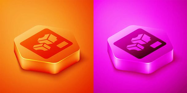 Icona della stampante 3D isometrica isolata su sfondo arancione e rosa. Stampa 3D. Pulsante esagonale. Vettore - Vettoriali, immagini
