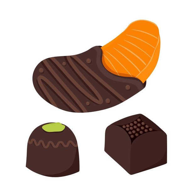 Met chocolade bedekte mandarijnen vers fruit gedoopt in dikke chocoladerepen. Een paar chocolaatjes. Vectorillustratie. - Vector, afbeelding