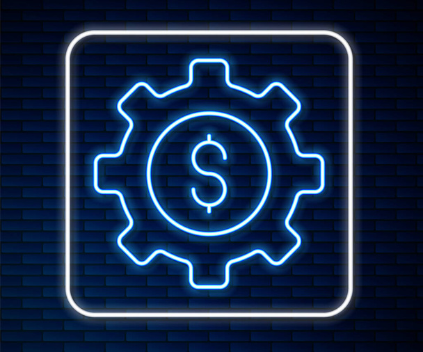 Ragyogó neon vonal Gear dollár szimbólum ikon elszigetelt téglafal háttér. Üzleti és pénzügyi koncepció ikon. Vektor - Vektor, kép