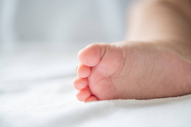 Baby feet in white bed. Selective focus. - 写真・画像