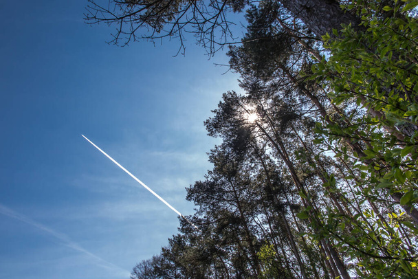 eine Dampffahne, die am blauen Himmel hinter einem vorbeifliegenden Flugzeug zu sehen ist, wie sie seit der Epidemie immer häufiger zu sehen ist - Foto, Bild