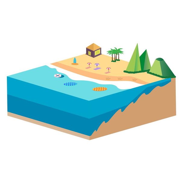3D Sandy beach landscape concept vector illustration. Sandy beach vector with surfboard and green hill concept and coconut tree. Seashore 2.5D art with lifebuoy. - Vektori, kuva