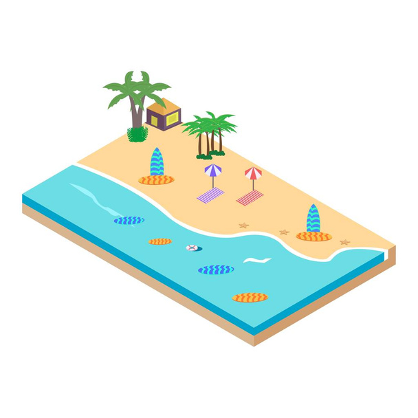 2.5D Sandy beach concept vector illustration. Sandy beach vector with surfboard and resort concept and coconut tree. Seashore 3D art with lifebuoy. - Vektori, kuva