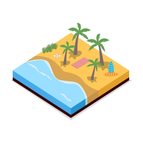3D концепція піщаного пляжу Векторні ілюстрації. Вектор піщаного пляжу з концепцією дошки для серфінгу та кокосового дерева. Морський берег 2.5D мистецтво з рятувальною лазнею та сонячною лазнею
. - Вектор, зображення