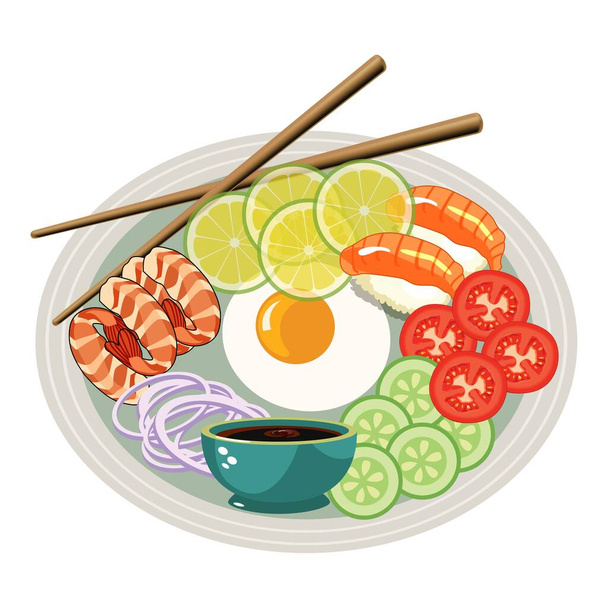 Asian food vector illustration with salad. Asian food concept with soy sauce and sushi. Vegetable green salad and onion. - Vektori, kuva