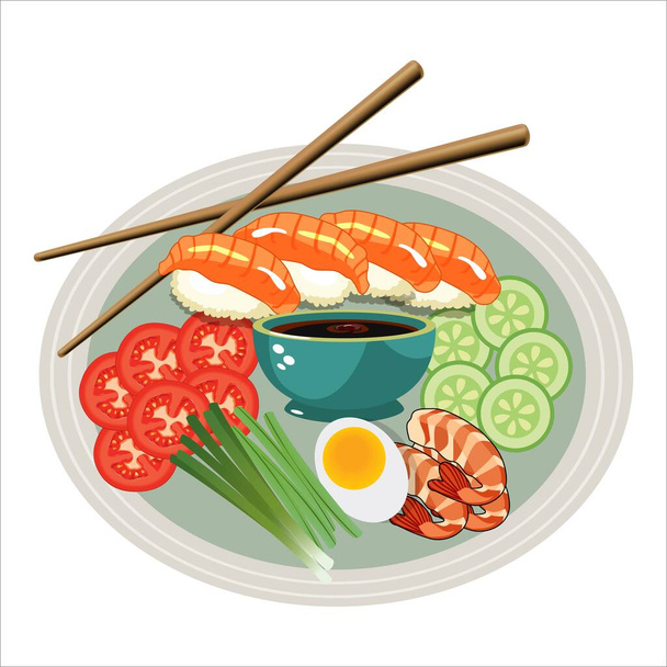 Aziatische voedselvector illustratie met salade. Aziatisch voedselconcept met sojasaus en sushi. Groene groentesalade. - Vector, afbeelding