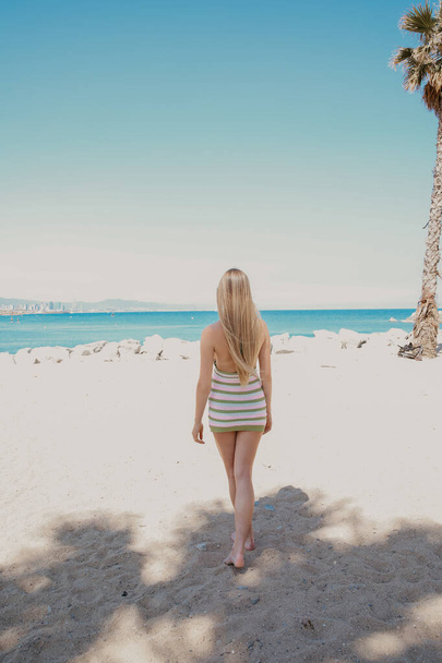 Back of long-haired young woman walking on the beach in sunny day. Vertical. - Foto, Imagem