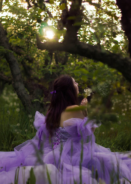 Ein Mädchen im Wald sitzt im grünen fliederfarbenen Kleid auf dem Gras und bläst Löwenzahn, ein Mädchen bei Sonnenuntergang bläst Löwenzahn - Foto, Bild