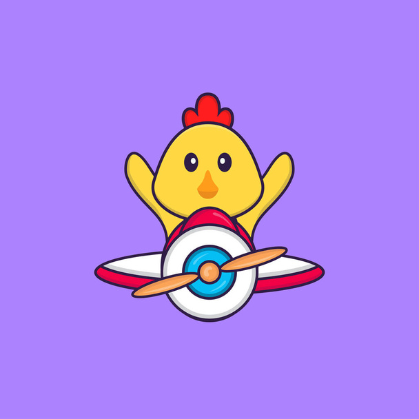 Cute chicken flying on a plane. Animal cartoon concept isolated. Can used for t-shirt, greeting card, invitation card or mascot. - Vector, Image
