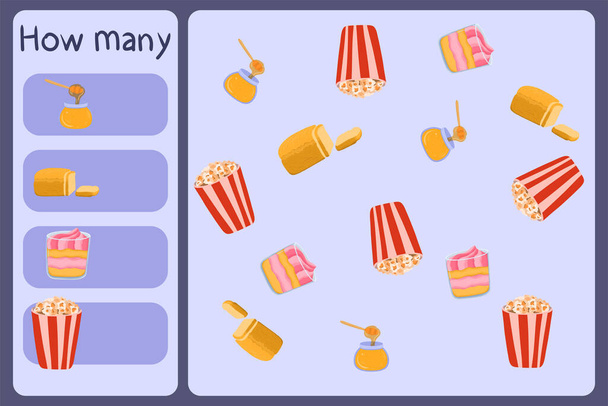 Kids mathematical mini game - count how many foods - honey, bread, dessert, popcorn. Educational games for children. Cartoon design template on colorful backdrop. - Vecteur, image