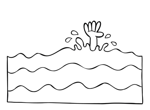 Desenhos animados ilustração vetorial do homem e sua mão se afogando no mar. Preto delineado e branco colorido. - Vetor, Imagem