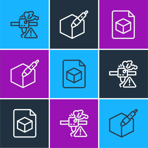 Set line 3D printer warning, Isometric cube file and 3d pen tool icon. Vector - Vector, Image
