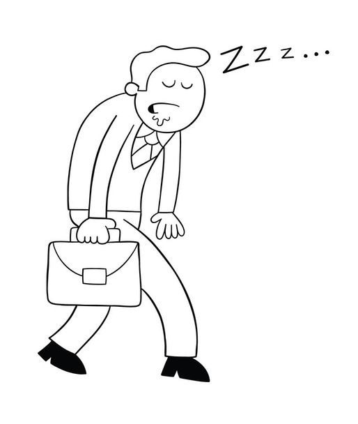 Cartoon businessman going to work and sleeping while walking, vector illustration. Black outlined and white colored. - Vector, Image