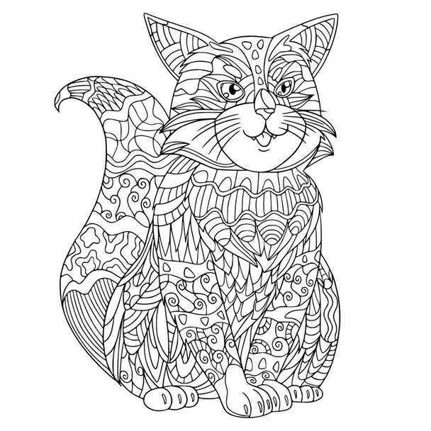Coloring book funny cat with doodle and zentangle elements isolated on white. Hand drawn coloring book page for adult for antustress. - Вектор, зображення