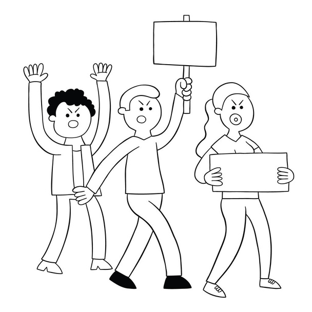 Cartoon people angry and taking action, vector illustration. Black outlined and white colored. - Vector, Image