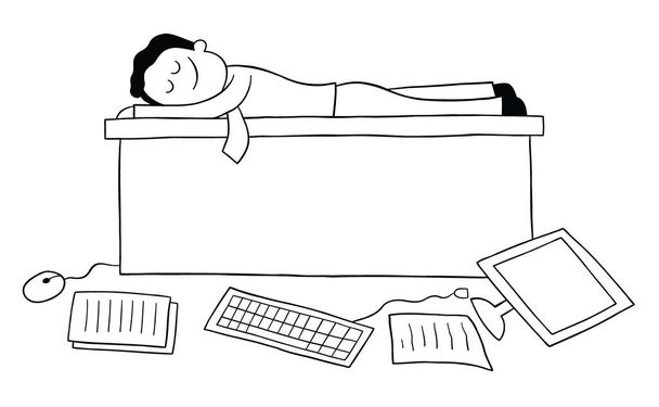Hombre de dibujos animados tiró la computadora y los papeles en el suelo y está durmiendo en el escritorio, ilustración vectorial. Negro perfilado y de color blanco. - Vector, Imagen