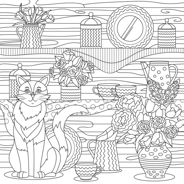 Кот сидит возле посуды и цветочные горшки внутренней отделки. Страница раскраски для взрослых с элементами каракули и зубрежки. Векторная графическая иллюстрация. - Вектор,изображение