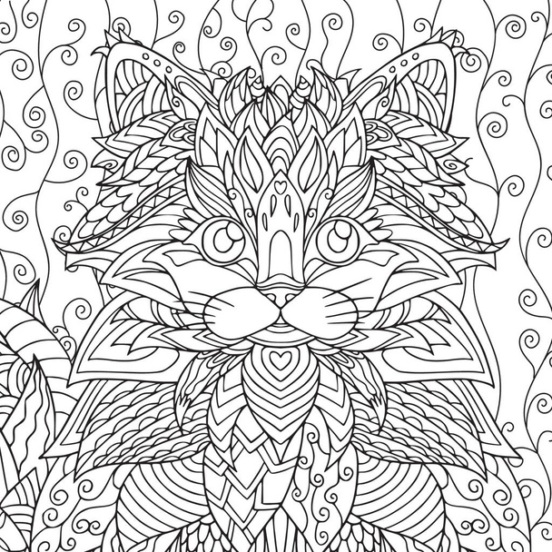 Cat portrét omalovánky s vinobraní vzor a zapletené prvky. Ručně kreslené omalovánky stránky pro dospělé pro antustress. - Vektor, obrázek