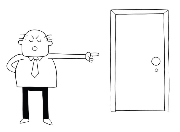 Cartoon angry boss man showing his worker the door, firing him, vector illustration. Black outlined and white colored. - Vector, Image