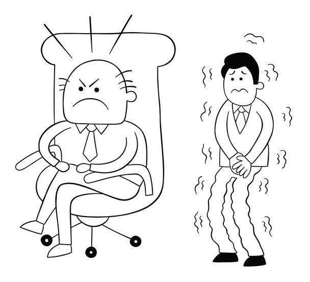 Cartoon naštvaný šéf muž sedí ve svém křesle a vyděšený dělník čeká za ním, vektorové ilustrace. Černý obrys a bílá. - Vektor, obrázek