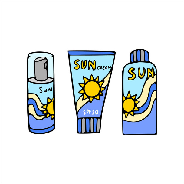 Sonnencreme Lotionen für die Hautpflege Cartoon-Symbol. Vektor isolierte Sonnenschutzmittel. - Vektor, Bild