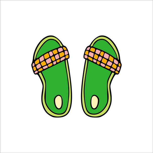 Zapatillas verdes para el verano en estilo de dibujos animados. Chanclas vector concepto arte. - Vector, imagen
