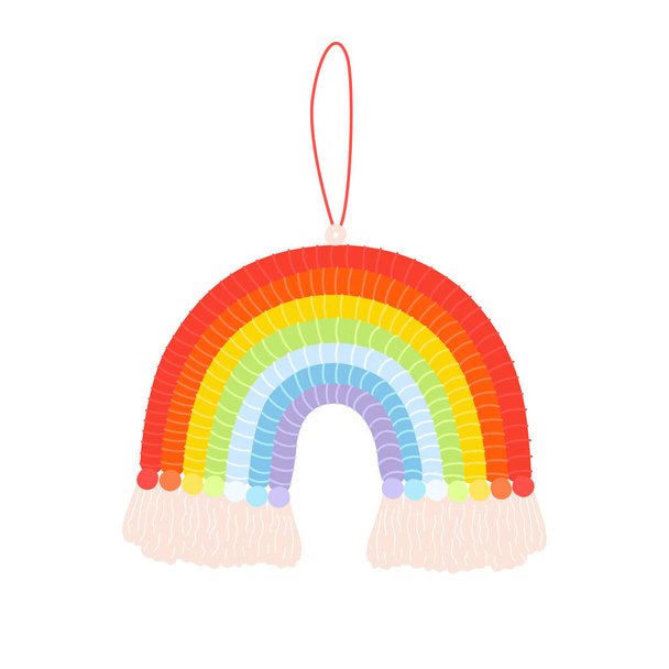 Flat vector cartoon macrame illustration in the shape of a rainbow isolated on a white background. A modern element of home decor. - Vector, Image