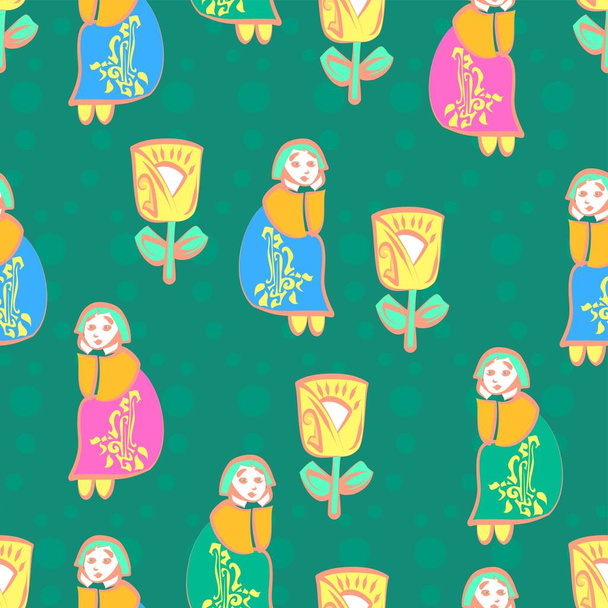 Leuke herhalende vector naadloze kleine meisjes patroon met gigantische bloemen in pastel multicolor op een jade groene polka stip achtergrond - Vector, afbeelding