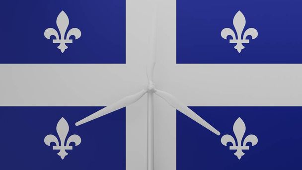 Duża turbina wiatrowa w centrum z tłem flagi Quebecu - Zdjęcie, obraz