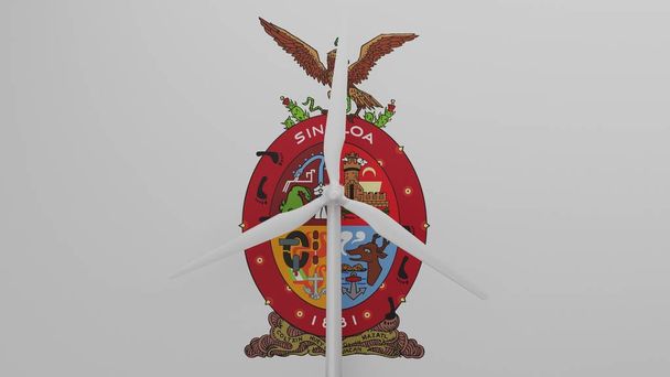 シナロアの旗を背景に、中央に大きな風力タービン - 写真・画像
