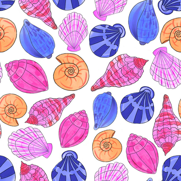 Colourful seashells repeat pattern, raster illustration background - Foto, imagen