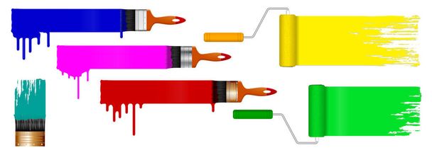 Gerçekçi fırça boyası seti ya da fırça efektli boya kutusu farklı renklerde boya ruloları ve grunge çizgileri konsepti. vektör içer - Vektör, Görsel