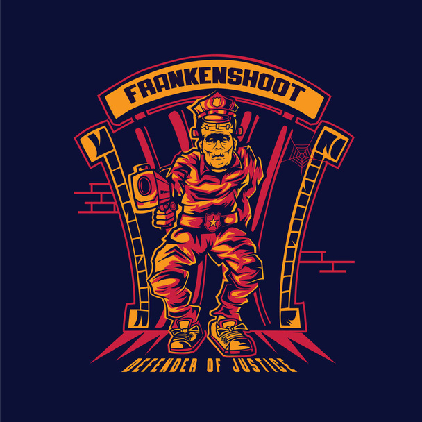 Policía de Frankenstein con pistola en el frente de la celda - Vector, Imagen