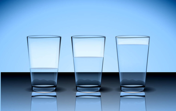 набор реалистичных трех чистых стаканов воды или пресной воды в стаканах изолированная или яркая концепция чистой воды. Вектор eps - Вектор,изображение