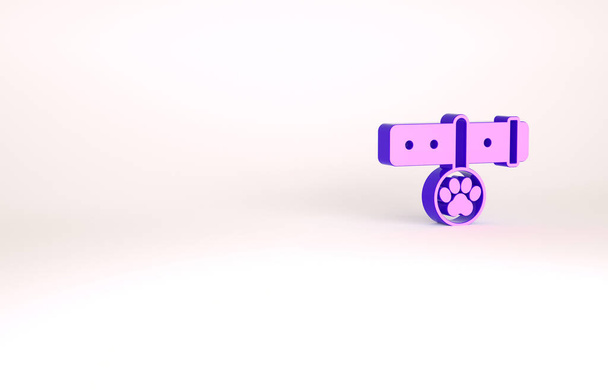 Collar púrpura con icono de etiqueta de nombre aislado sobre fondo blanco. Suministros para animales domésticos. Huella de pata de perro o gato. Cuidado de gatos y perros. Cadenas para mascotas. Concepto minimalista. 3D ilustración 3D render - Foto, Imagen
