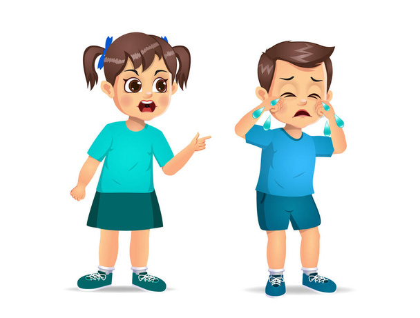 Een boos kind dat schreeuwt tegen een leuke jongen. geïsoleerd op witte achtergrond - Vector, afbeelding