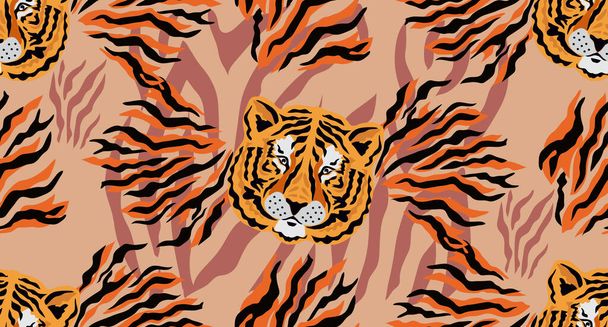 Tiger  beautiful  seamless pattern  in different colors in cartoon flat style. Modern fashion print  skin design for textile, fabric, wallpaper.  Safari style. Vector illustration - Vector, Imagen