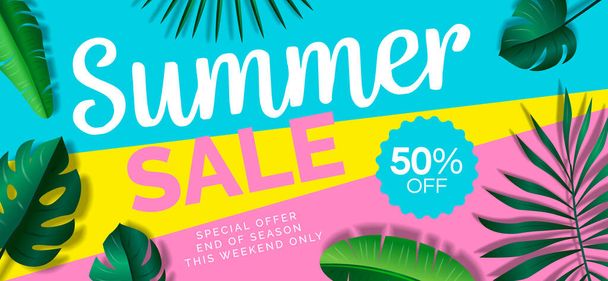 conception de bannière web de vente d'été avec des feuilles tropicales sur fond coloré géométrique - Vecteur, image