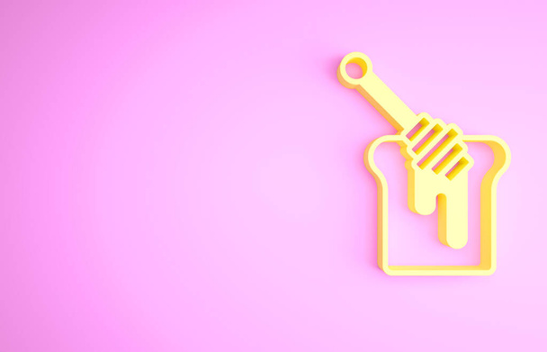 Yellow Honey dipper stick with dripping honey icon isolated on pink background. Honey ladle. Minimalism concept. 3d illustration 3D render - 写真・画像
