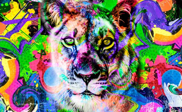 colorato muso leonessa artistica con brillanti schizzi di vernice su sfondo scuro. - Foto, immagini