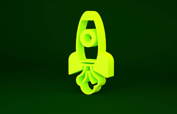 Yellow Rocket ship icon isolated on green background. Space travel. Minimalism concept. 3d illustration 3D render - 写真・画像