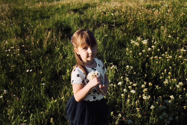 Krásná malá běloška v šatech stojí v heřmánkovém poli a představuje roztomilý. Dítě nasbíralo kytici divokých květin a drží ji v rukou dát matce. - Fotografie, Obrázek