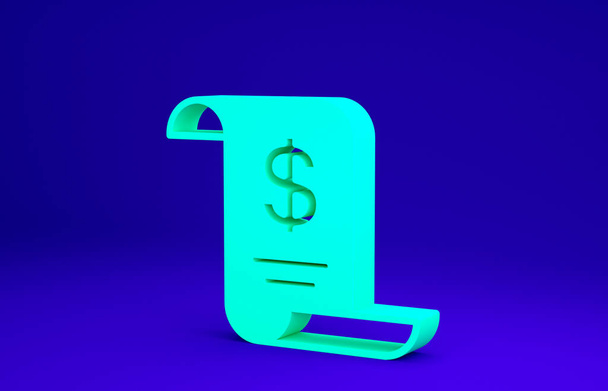 Зелёная бумага или значок финансового чека на синем фоне. Чек на печать бумаги, чек из магазина или счет. Концепция минимализма. 3D-рендеринг - Фото, изображение