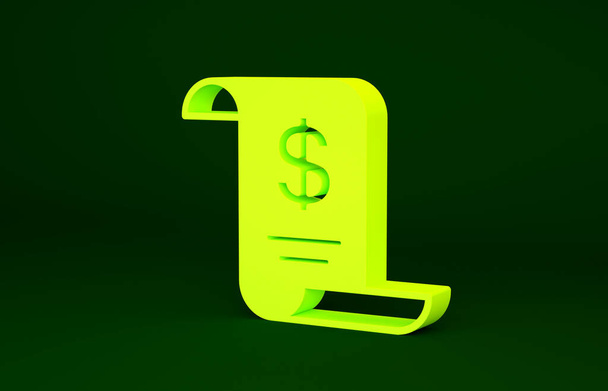 Papel amarillo o icono de verificación financiera aislado sobre fondo verde. Comprobación de impresión de papel, recibo de la tienda o factura. Concepto minimalista. 3D ilustración 3D render - Foto, imagen