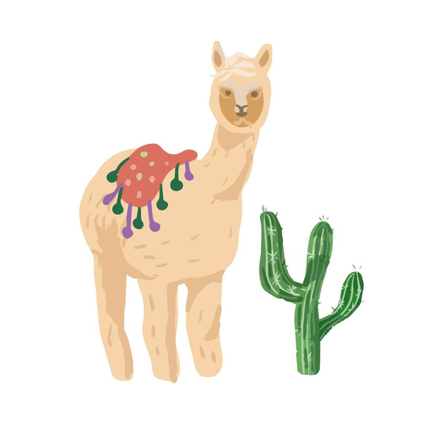 Llama cactus cartone animato alpaca messico Perù deserto vettore. Illustrazione a colori disegnato a mano stampa tessile vintage. Figli carino immagine patern  - Vettoriali, immagini