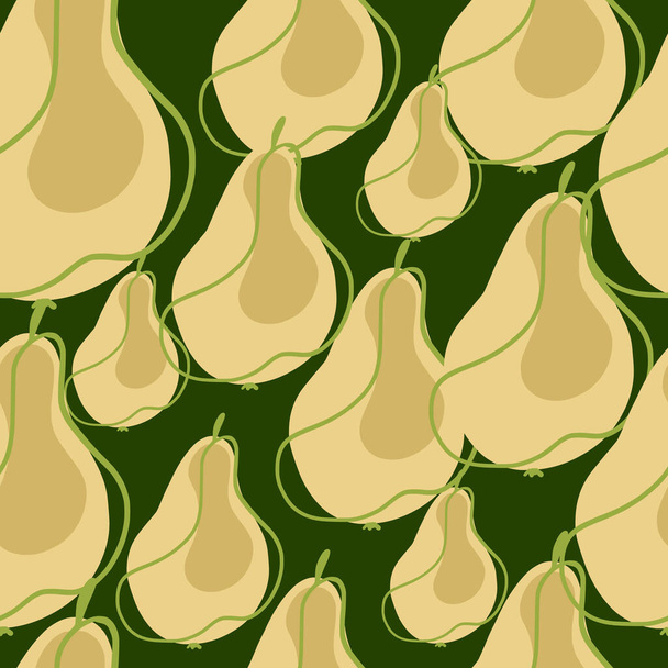 Satunnainen beige hedelmät orgaaniset päärynät siluetit saumaton kuvio. Vihreä tausta. Kausiluonteinen abstrakti tyyli koriste. Suuri kankaan suunnittelu, tekstiili tulostaa, kääre, kansi. Vektoriesimerkki. - Vektori, kuva