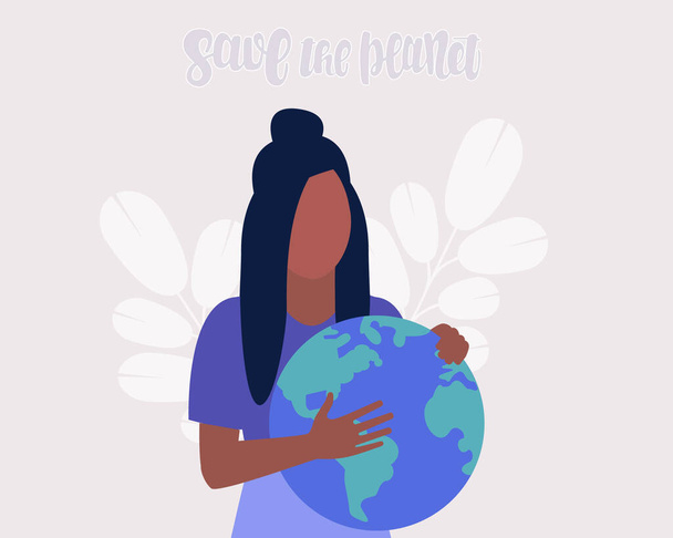 Save the planet concept. Woman holding the planet. Colorful flat vector illustration. - Vector, Imagen