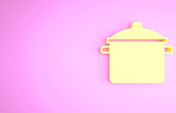 Желтая иконка кухонного горшка на розовом фоне. Вскипятить или тушить пищевой символ. Концепция минимализма. 3D-рендеринг - Фото, изображение